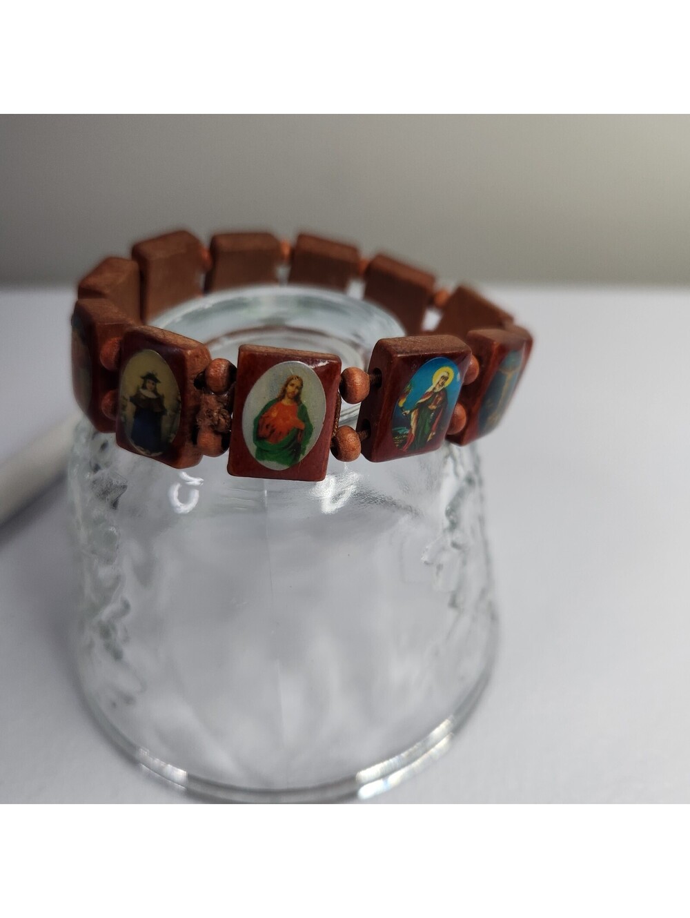Wooden religious image stretch bracelet